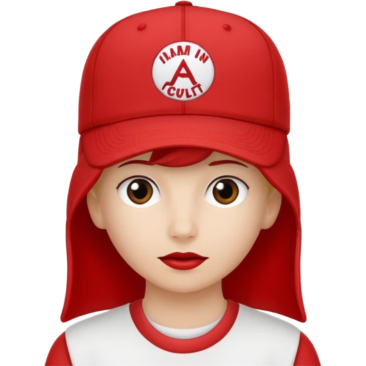 Red cap with no person in it that says "I AM IN A CULT" in white text emoji