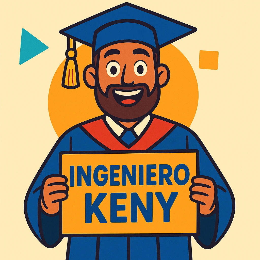 un graduado universitario barbudo con birrete y toga, mostrando un letrero que dice INGENIERO KENY, estilo cartoon vibrante, colores vivos, fondo claro emoji