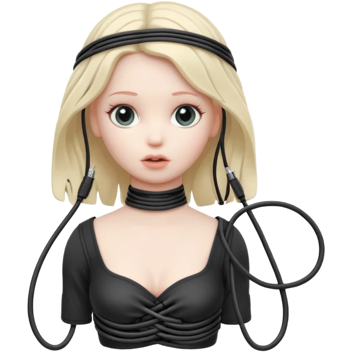 Plastic doll tightly bound with tangled AUX cables. emoji