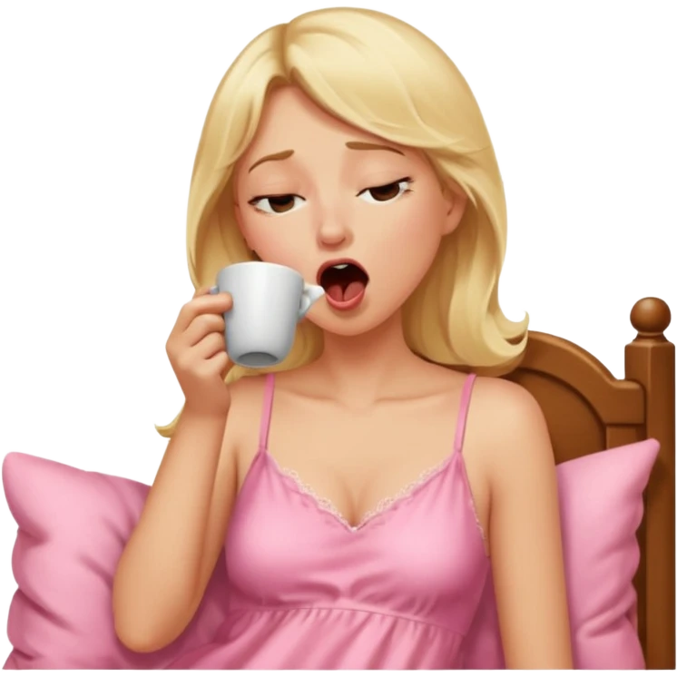 A blonde woman in a pink nightgown yawns, looking sleepy with dark circles under her eyes, drinking coffee, looking like she just woke up. emoji