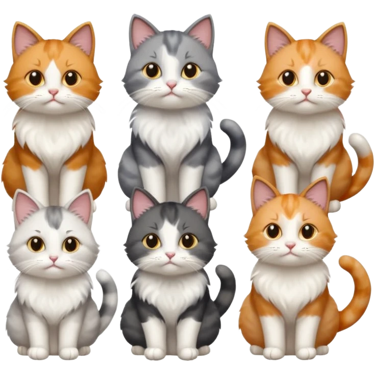 6 realistic looking cats with different natural coloured coats, assorted grey and white, greys, calico colours etc
 emoji