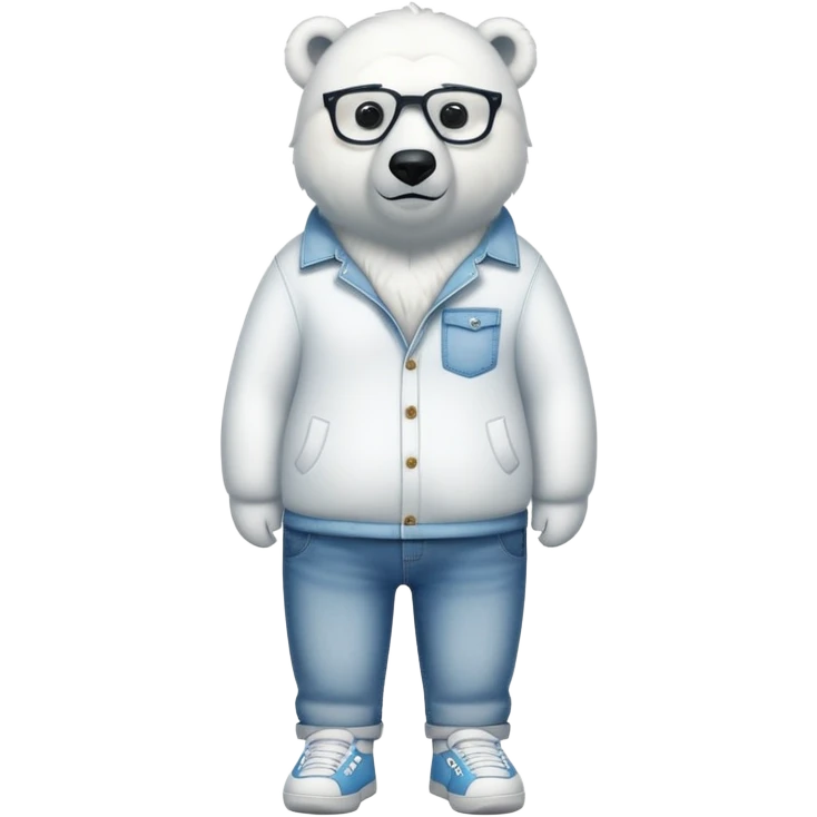 friendly anthropomorphised polar bear standing upright, looking chilled and unbothered, wearing a shirt, jeans, trainers, extravagant glasses emoji
