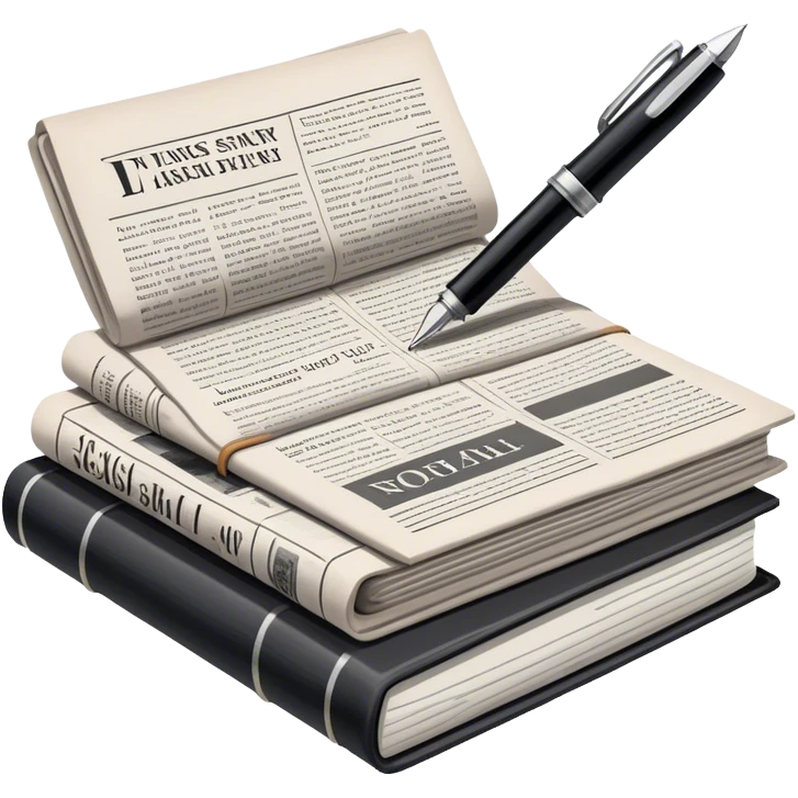 Create an emoji representing journalism and publicistic writing. The design should feature a stack of newspapers, an open notebook with visible text, and a single fountain pen placed near the notebook, symbolizing the act of writing. Use neutral, professional colors like black, white, and muted tones to convey a sense of seriousness and intellect. Do not include any emojis or smiley faces. Make the background transparent. emoji