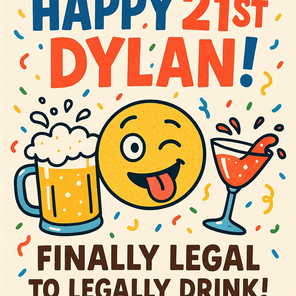 Funny 21st birthday card for Dylan featuring a tipsy emoji, overflowing drinks, headline 'Happy 21st Dylan!', confetti, bold playful fonts, and a joke about finally being legal. emoji