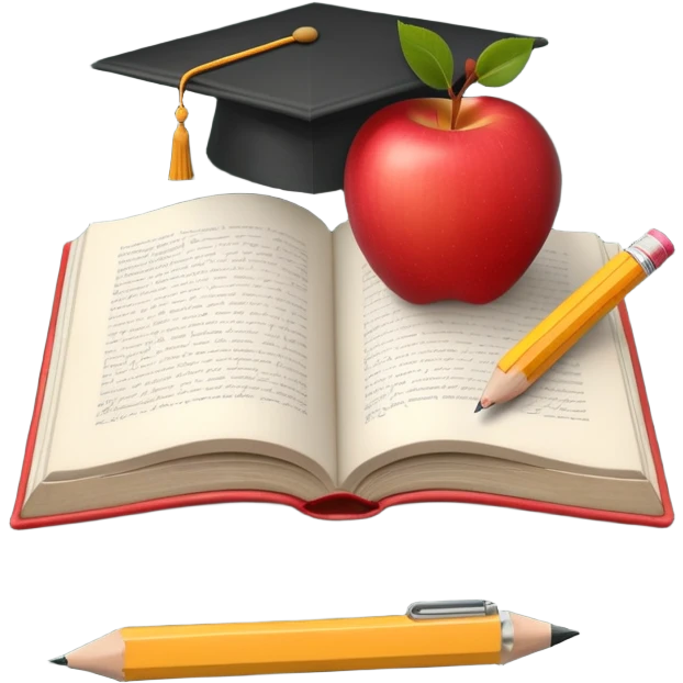 An icon featuring an open book, a pencil, and an apple, symbolizing education and pedagogy. The design includes a chalkboard with a lesson plan and a graduation cap, representing teaching and learning. Transparent background highlights the nurturing of knowledge and growth. emoji