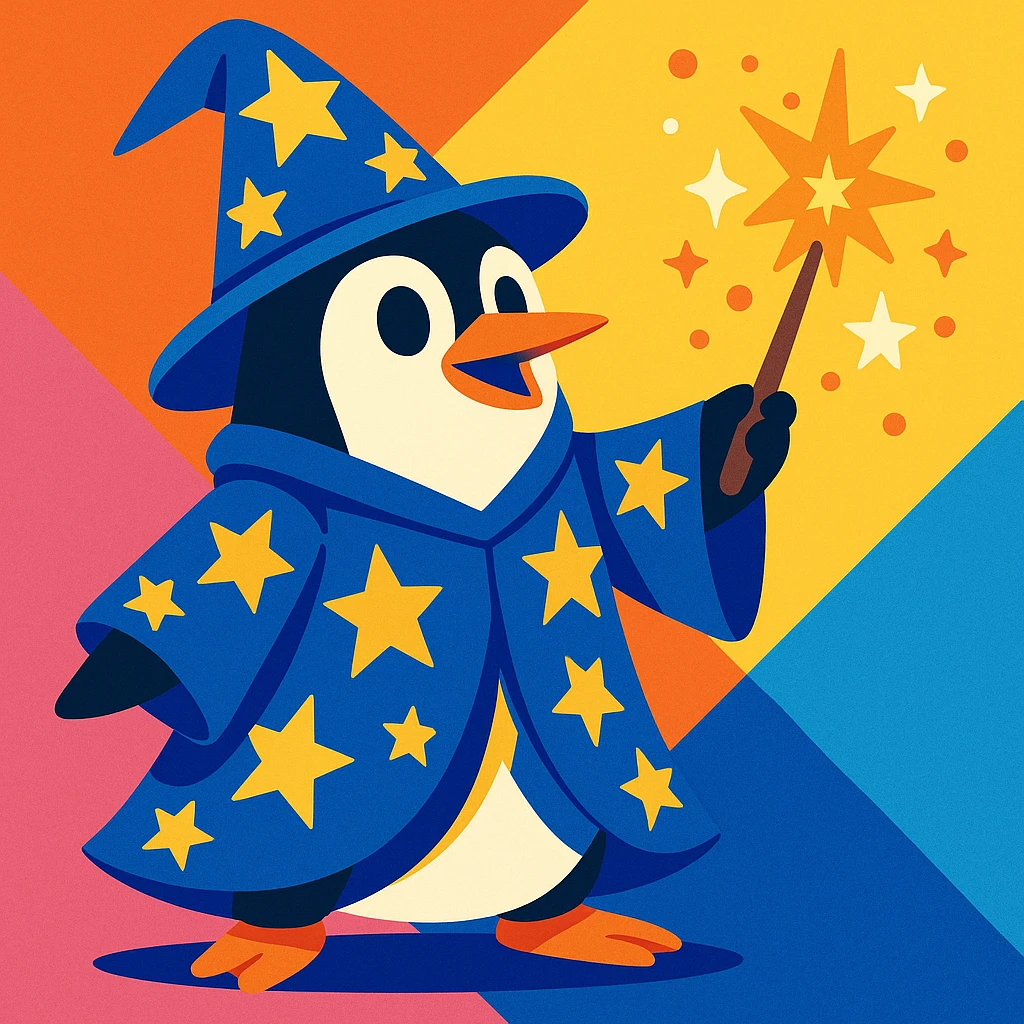 a penguin wizard casting a sparkling spell, wearing a starry robe and hat, in a colorful cartoon style emoji