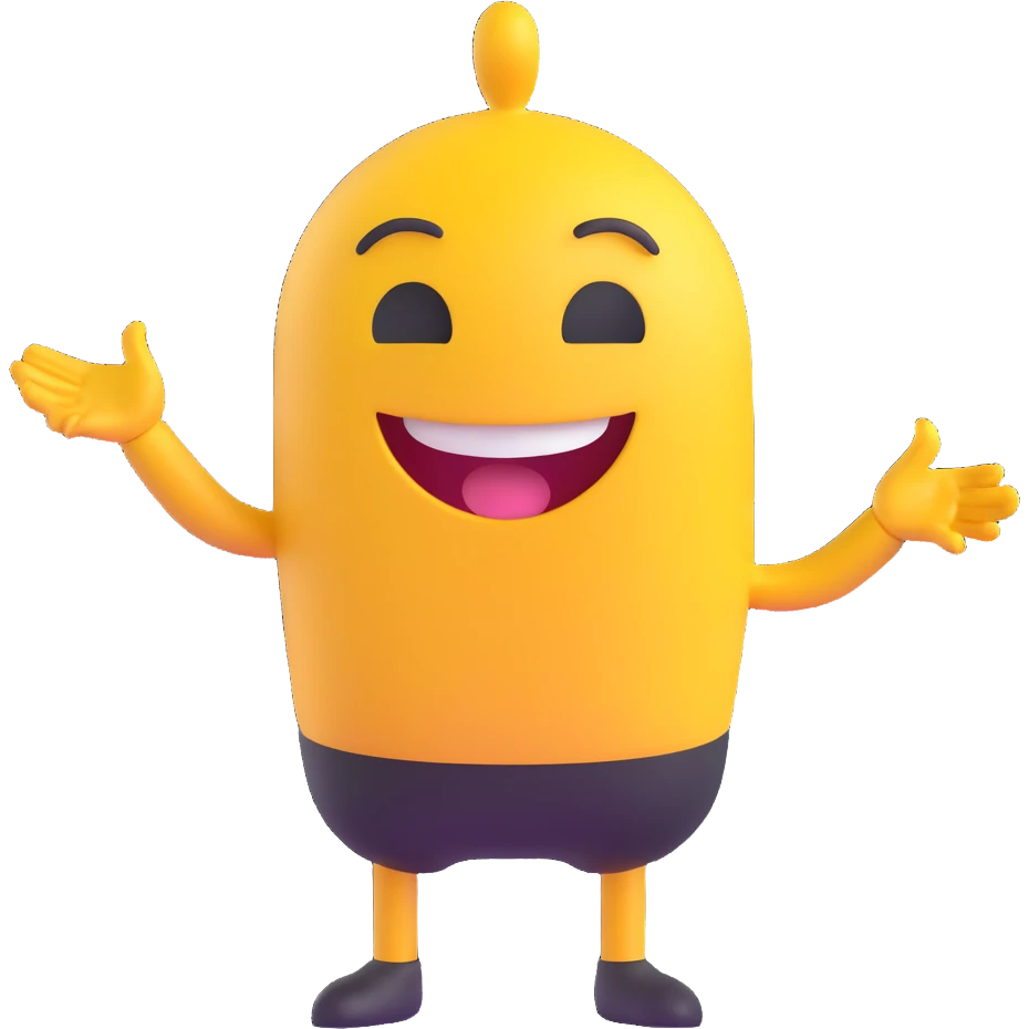 A 2D cartoon-style yellow emoji with a mischievous smile, shaped eyes, and both hands pointing upward with index fingers.  clean digital style, and a fun, dancing expression. Style similar to children’s drawing tutorials, dancing expression. No background, isolated on white.  emoji