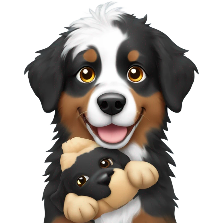 Australian shepherd in black tri coloring holding a stuffed animal emoji