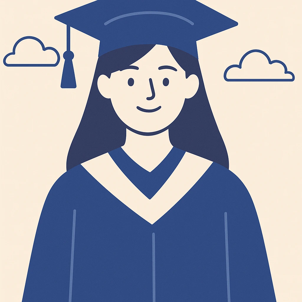 girl with long brown hair smiling wearing graduation hat and robe, clean modern illustration style emoji