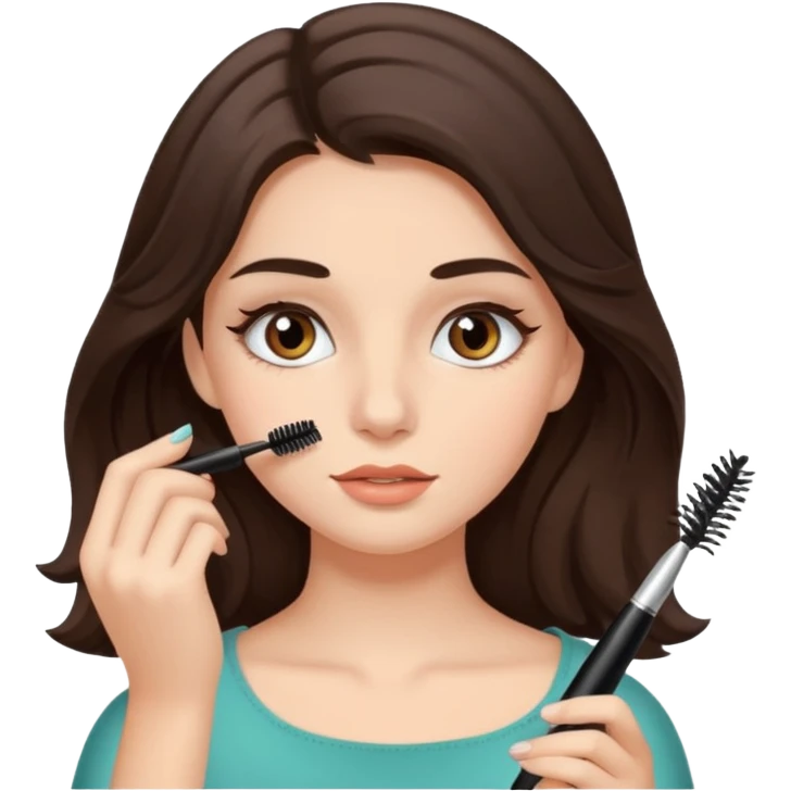 Garota branca de cabelos levemente ondulados castanhos escuros médio aplicando máscara de cílios emoji