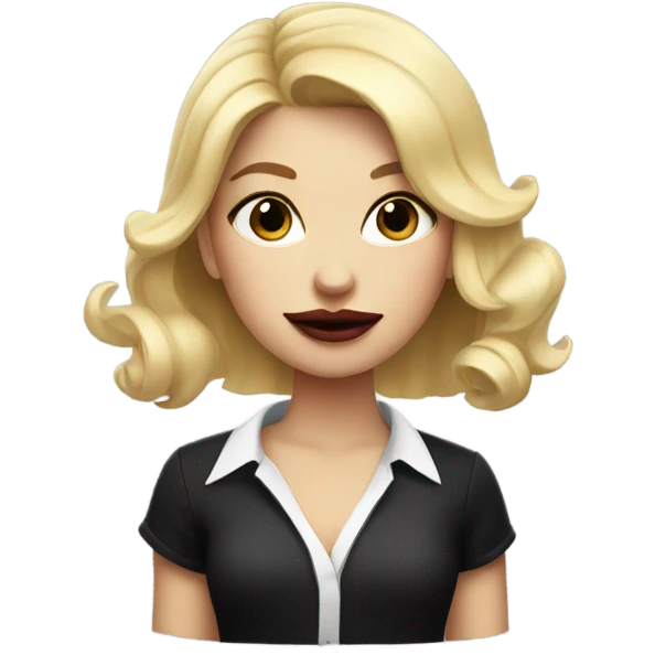 Girl with blonde hair and black and white shirt holding lipstick emoji