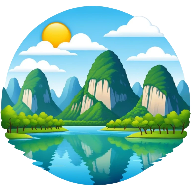 Li River karst mountains Guilin, simplified emoji style with bold outlines and bright colors, cartoon style mountains with river emoji