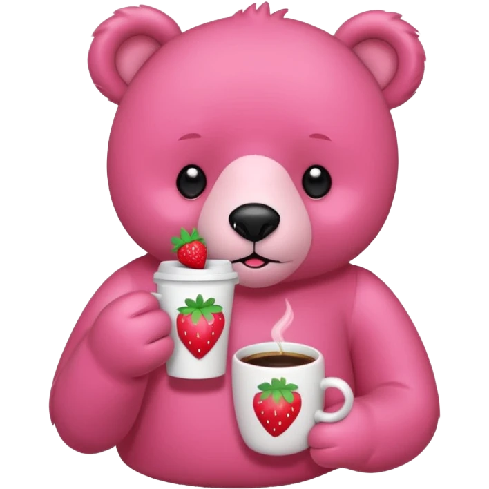A pink bear is holding a strawberry and drinking coffee with a transparent background in a teenager hand-drawn, 2D, japanese charectors like, style emoji