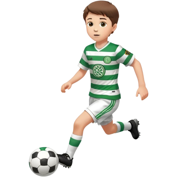 Celtic footballer jersey logo  6 years old brown hair white boy , brown eyes , stripes uniform , RUNNING  with soccer ball # 17 celtic football logo PUT ONLY ONE LOGO ONE CELTIC LOGO ONLY white shorts emoji