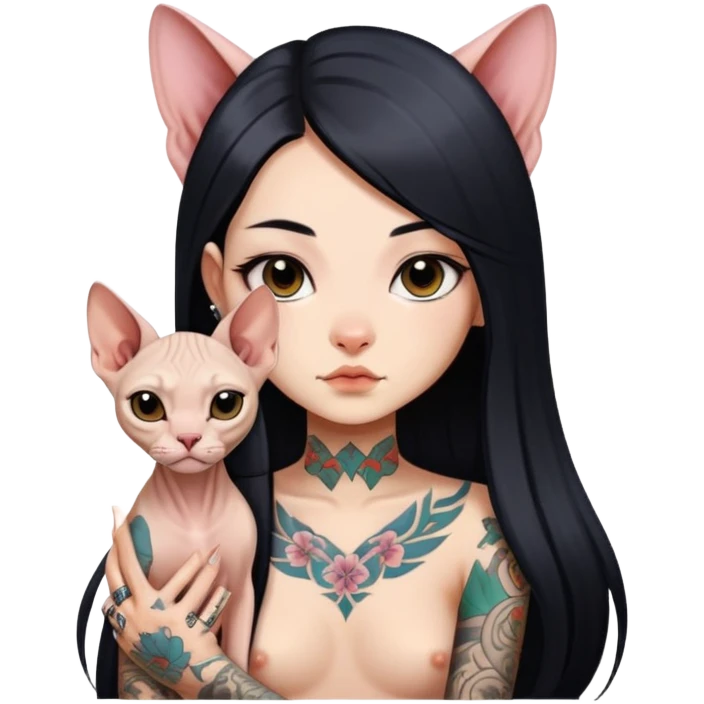 a Chinese girl with long black  straight hair and tattoos and little Sphynx emoji