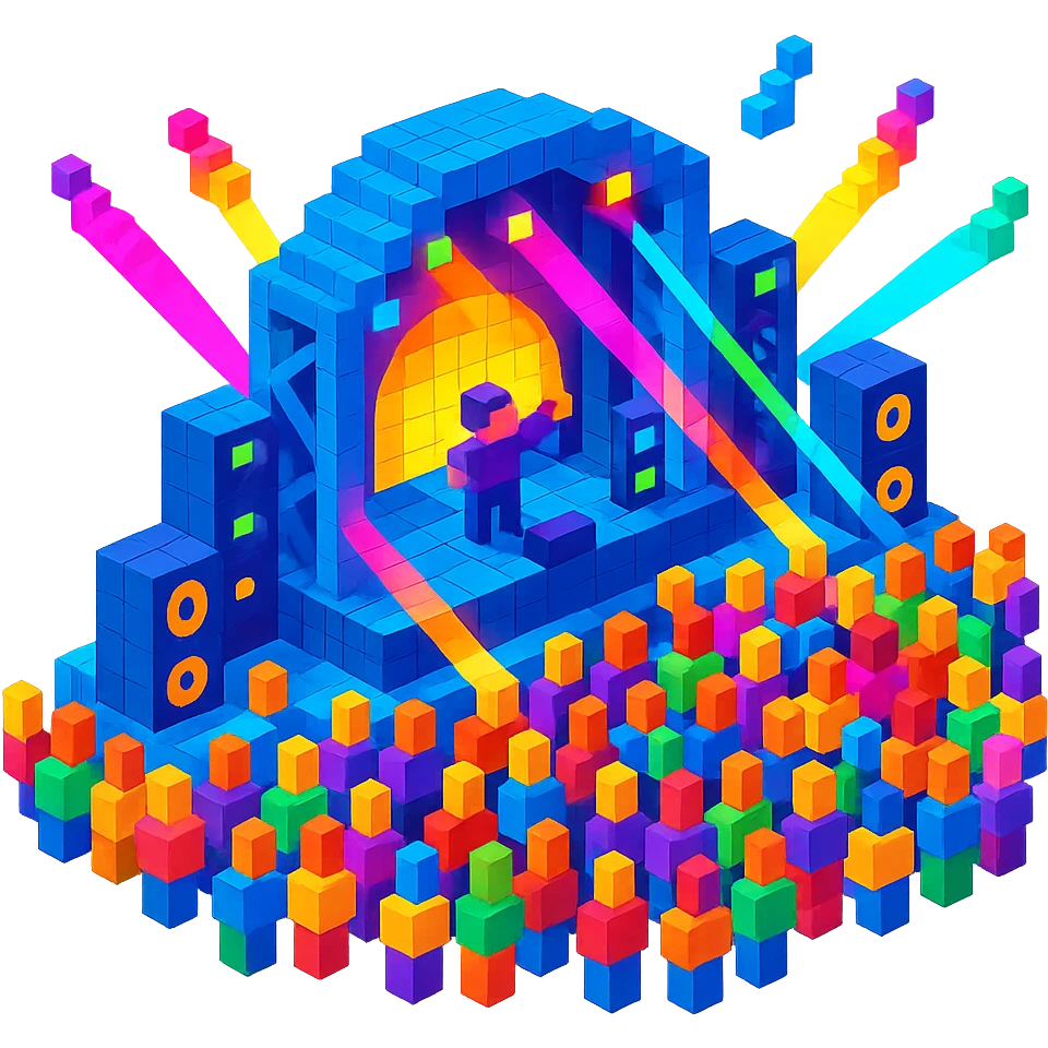 music festival main stage with a large crowd, vibrant lights, and a dynamic performance setup emoji