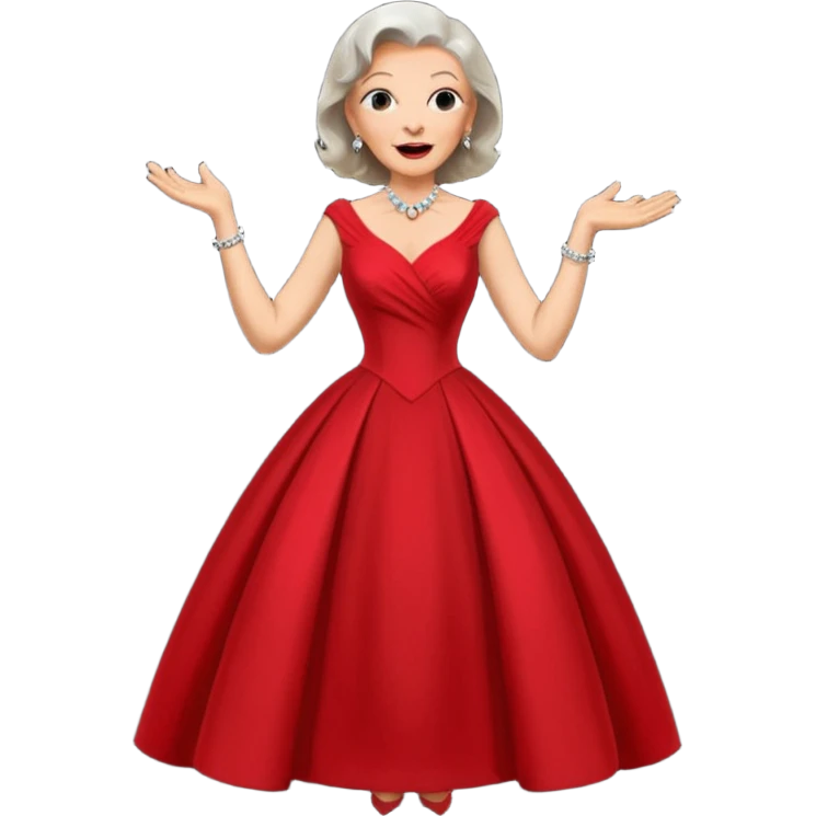 Older woman – elegant gown, 50s, diva, red dress, expressive singing pose emoji