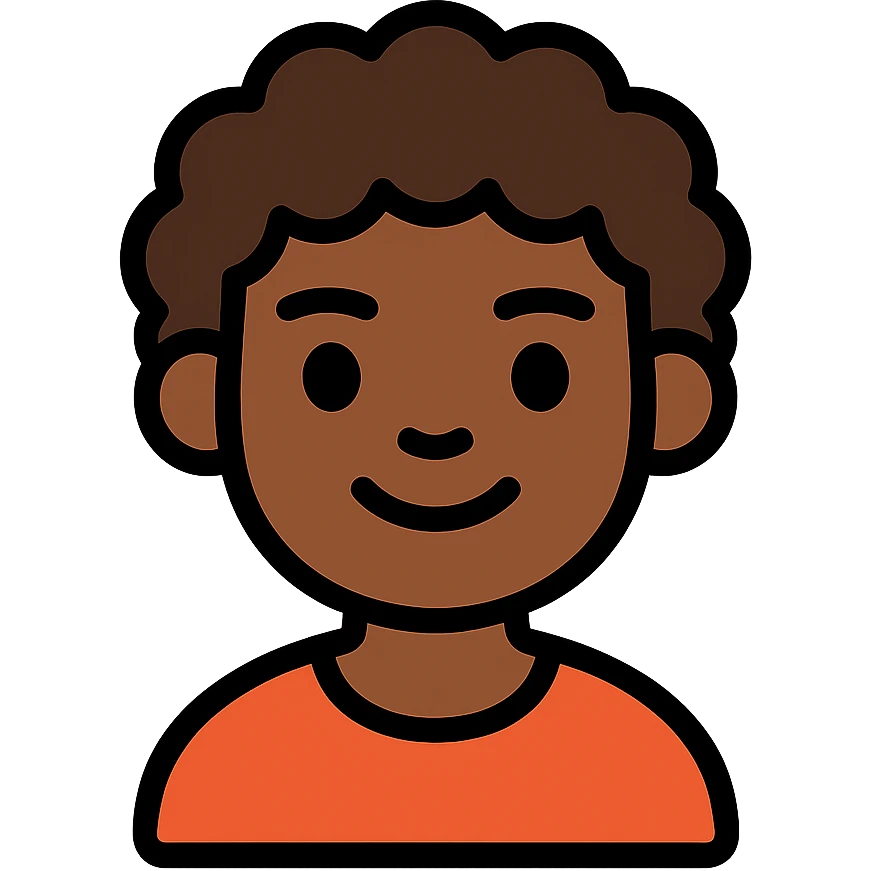 character with curly brown hair, brown eyes, brown skin emoji