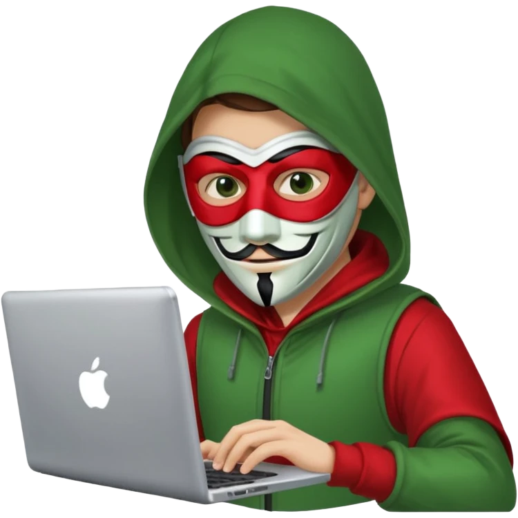 Хакер сидит в зелёно-красной одежде в анонимус маске, печатает в ноутбуке, прозрачный фон. emoji
