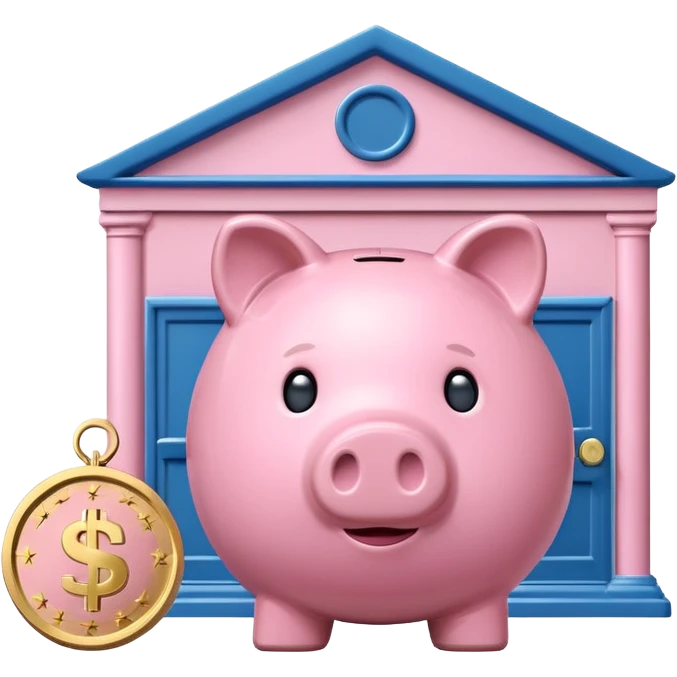A clean emoji-style icon: A piggy bank with a coin, placed in front of a small bank building. The bank symbolizes company pension and financial security. Rounded forms, flat colors, minimal details like a standard emoji. emoji