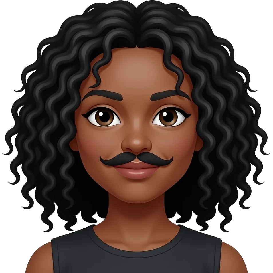 Medium dark skinned woman with black curly shoulder-length hair and a moustache of wax emoji