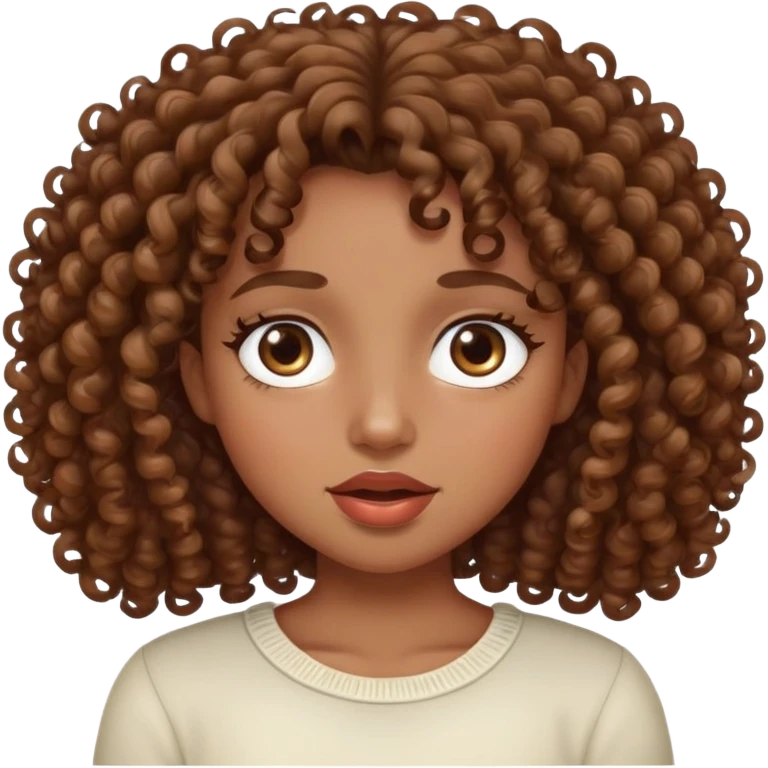 A girl with curly hair, slightly fleshy mouth, almond eyes and dark brown emoji