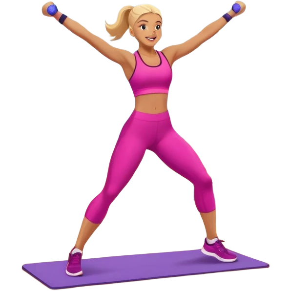 An energetic person performing an aerobics workout in a brightly lit gym, jumping and stretching with enthusiasm. The scene includes vibrant fitness equipment like dumbbells and exercise mats, with a background of cheerful, motivating colors, conveying energy and movement. emoji