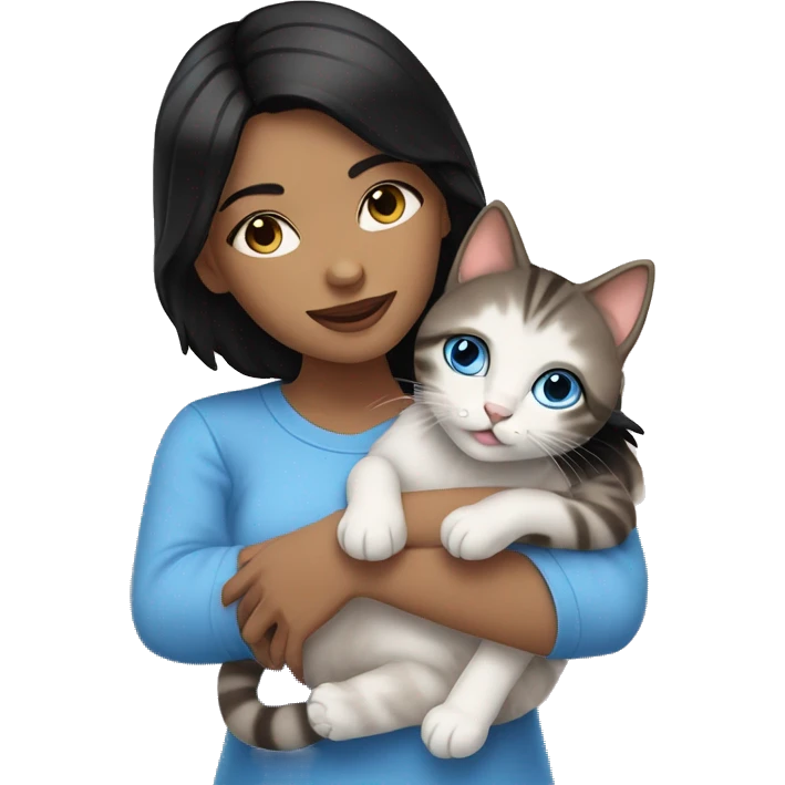 Pale woman with black hair and blue eyes snuggling a tabby kitten emoji