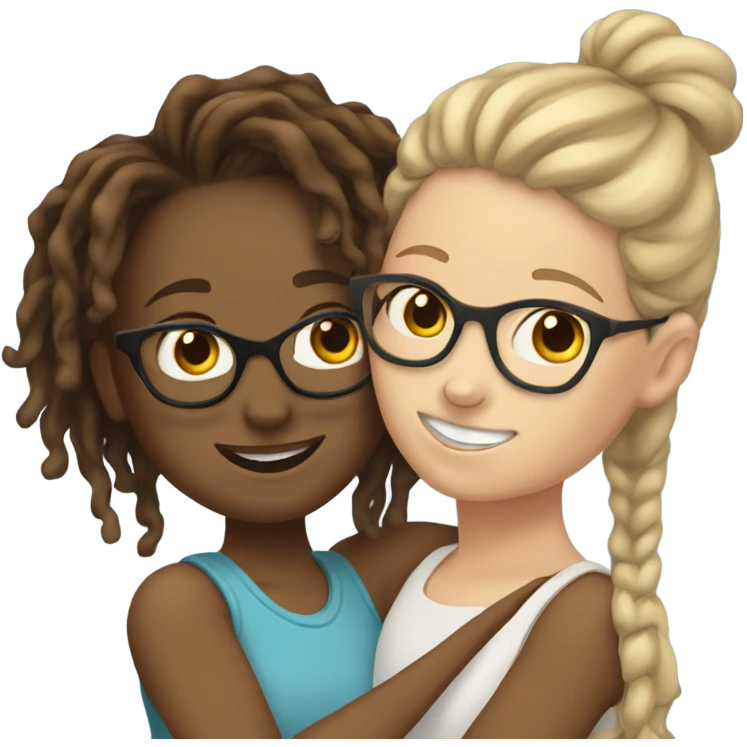 Tan girl with glasses and locs hugging a white girl with brown wavy hair emoji