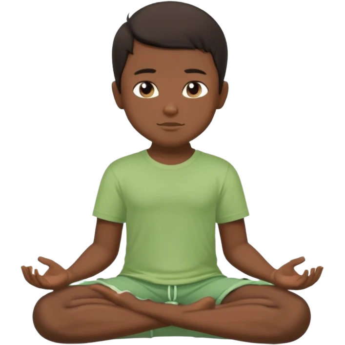 Menino de cabelo escuro, camiseta e bermuda verde claro sentado em pose de Buda emoji