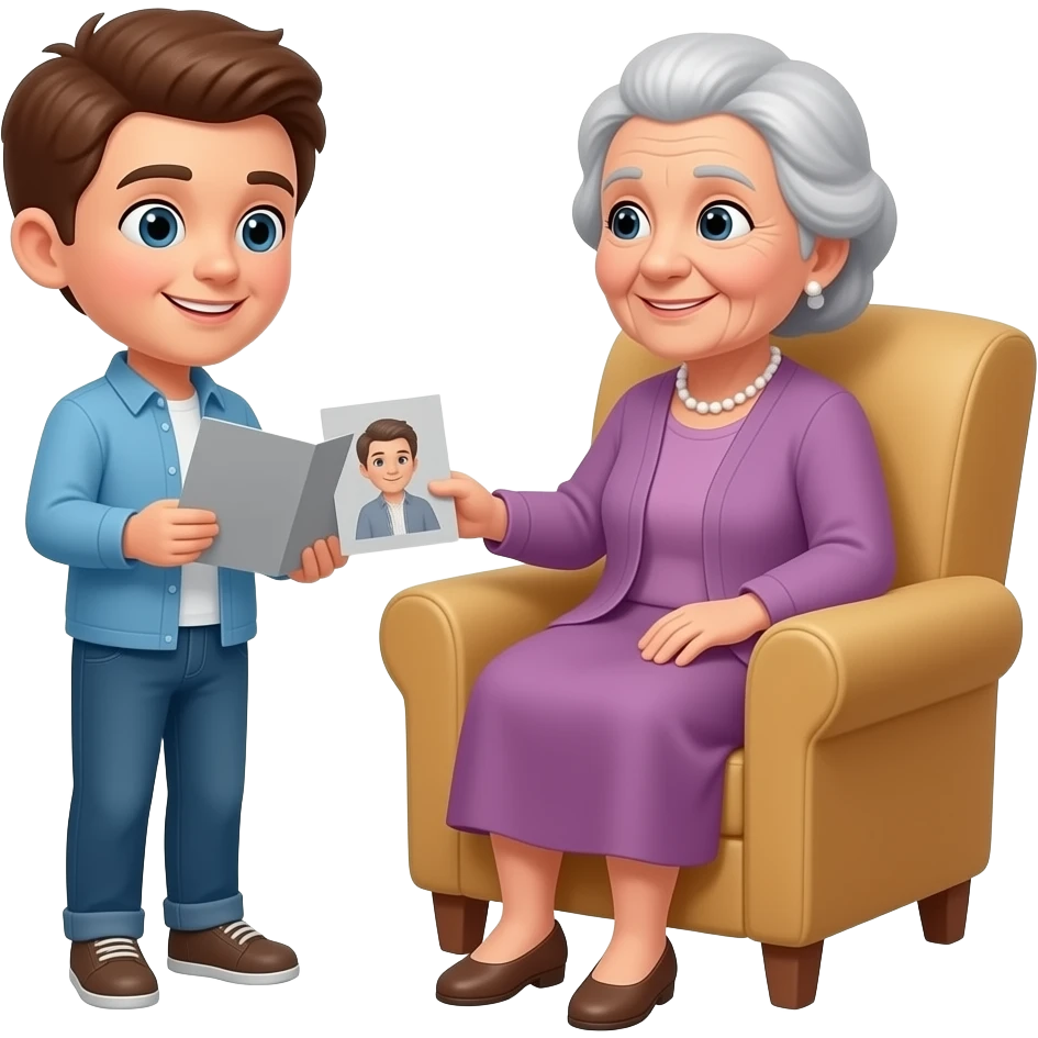 внук дарит пожилой бабушке в кресле седой открытку emoji