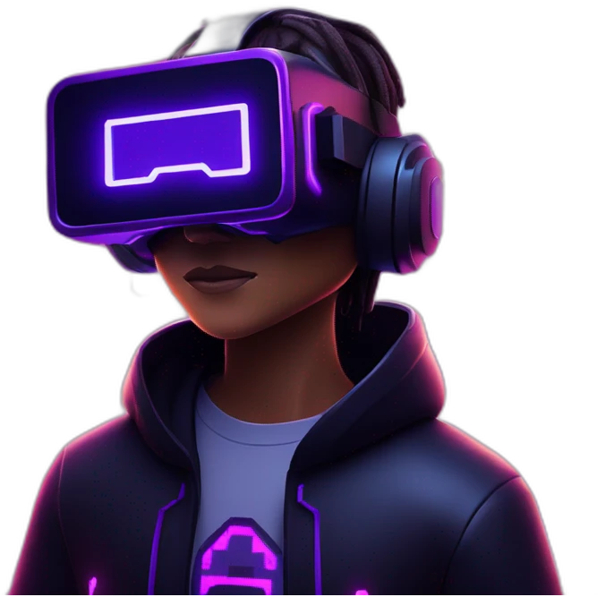 Minecraft hero wearing a black hoodie with "OMG" letters on it and VR headset in a cyberpunk VR environment with violet neon lighting. emoji