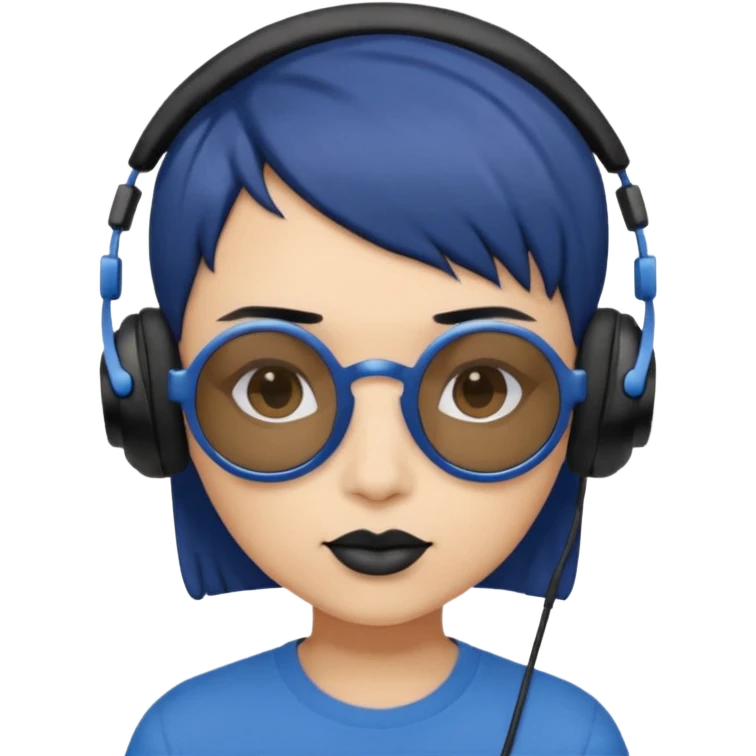 Light Brown Skin Dark Blue Haired Gray Eyes Circle Shaped Shades Black Colored Squareded Ears Headphones Short Haired Black Lips Blue Shirt  emoji