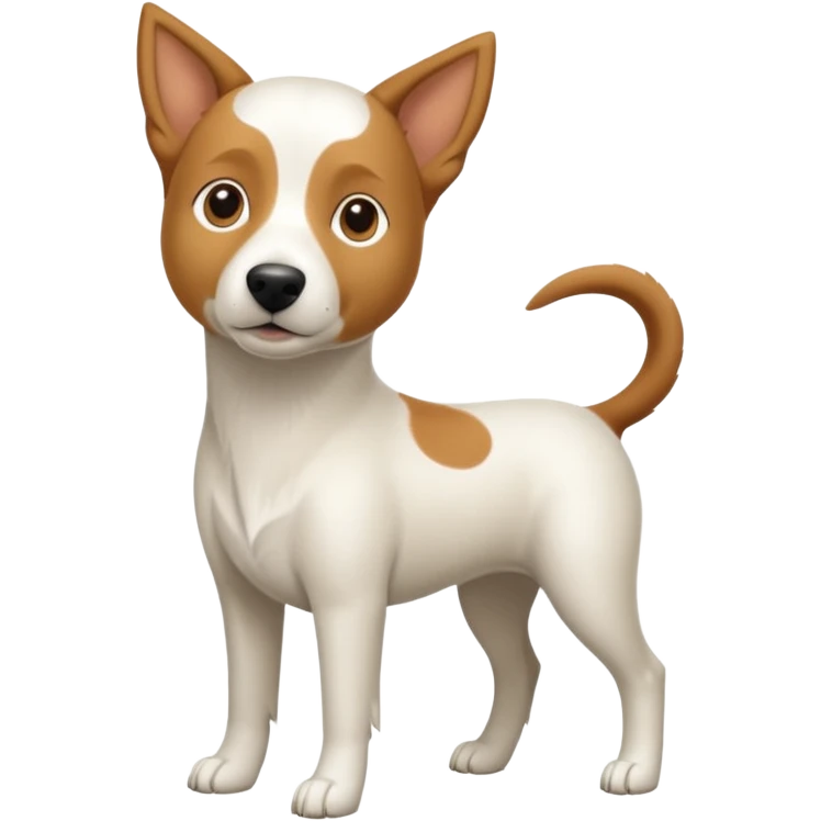 a full body white parsel russell looking dog the size of a kelpie with light brown ears and a light brown patch on one eye and a large snout emoji