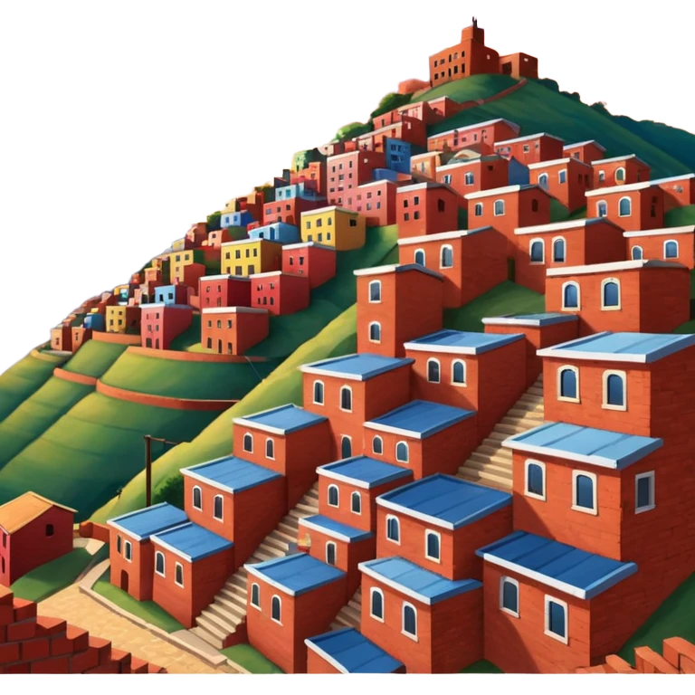 Urban Peruvian hillside neighborhood, brick houses stacked on steep hills, unfinished red brick buildings, colorful painted facades, narrow stairways, electric cables crossing the sky, sunset lighting, realistic style, cinematic, high detail emoji