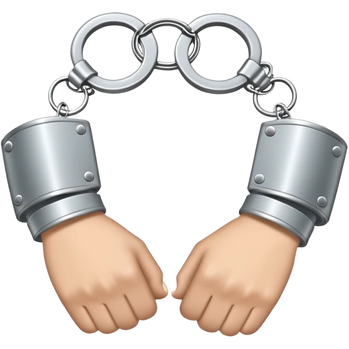 An emoji of two hands cuffed behind the back with metallic handcuffs. The wrists are slightly tilted inward, showing restraint. The handcuffs have a reflective silver surface, symbolizing arrest, punishment, or law enforcement. Simple, cartoon-style design emoji