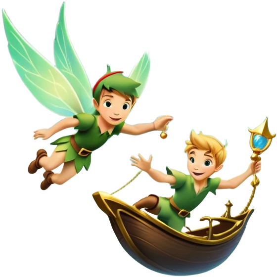 An icon representing an adventure game, inspired by whimsical fantasy. The design features Peter Pan soaring through the sky with Tinker Bell beside him, leaving a shimmering trail of pixie dust. Below, Neverland’s lush jungles and pirate ships create a backdrop of magic, adventure, and endless youth. Transparent background. emoji