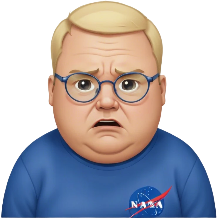 angry fat man, crying like a kid,  blond short and hight receding hairline, wearing a dark blue sweatshirt, nasa logo on the sweatshirt, round glasses without frame, 40 years old emoji