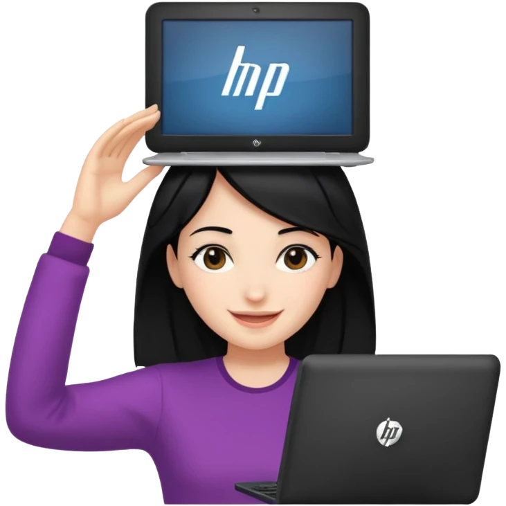 A girl is in front of an HP computer, holding it to her head, and her hair is black. emoji