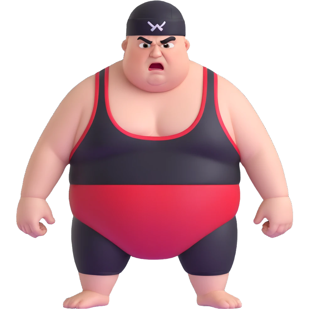 Close-up of white skin fat guy no muscle with prominent black durag, completely shaved face, no beard or mustache, black eyes in a red and black wrestling singlet with angry face emoji