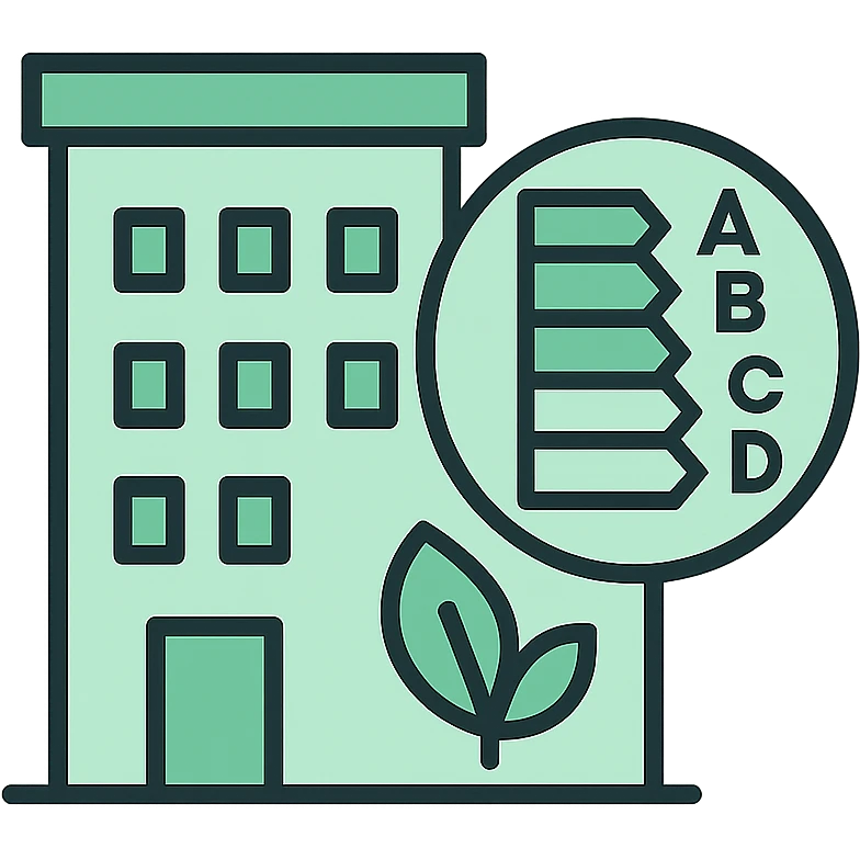 Skeuomorphic green building certification icon with mint green #B5F4D3 and black #111111 color scheme, showing a building with energy efficiency rating, clean symmetric design with subtle depth and soft light emoji