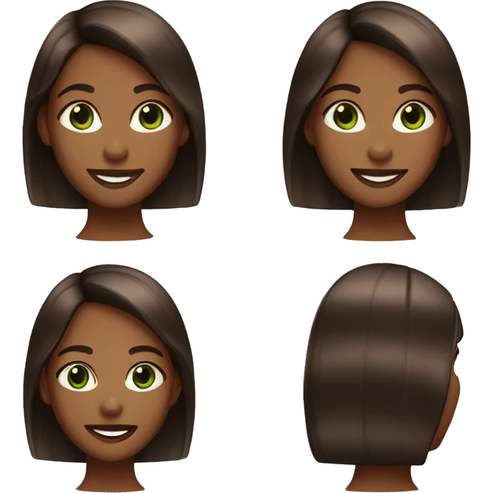 
HEAD OF A BROWN GIRL WITH STRAIGHT HAIR WITH COPPER HIGHLIGHTS IN DARK BRONZE GREEN EYES WITH A PORCELAIN COMPLEXION AND SMILE emoji