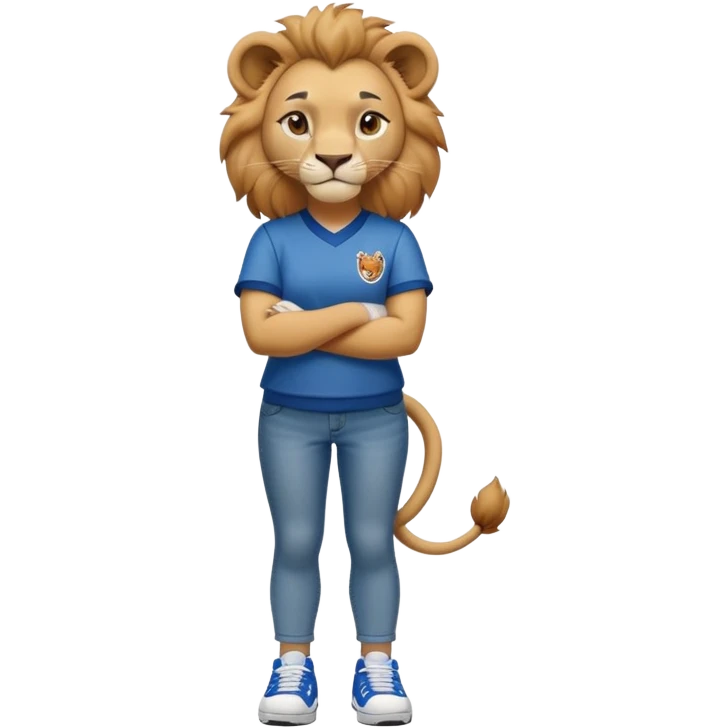 friendly anthropomorphised female lion wearing a baseball shirt, jeans, trainers, standing upright with arms folded, looking strong and confident emoji