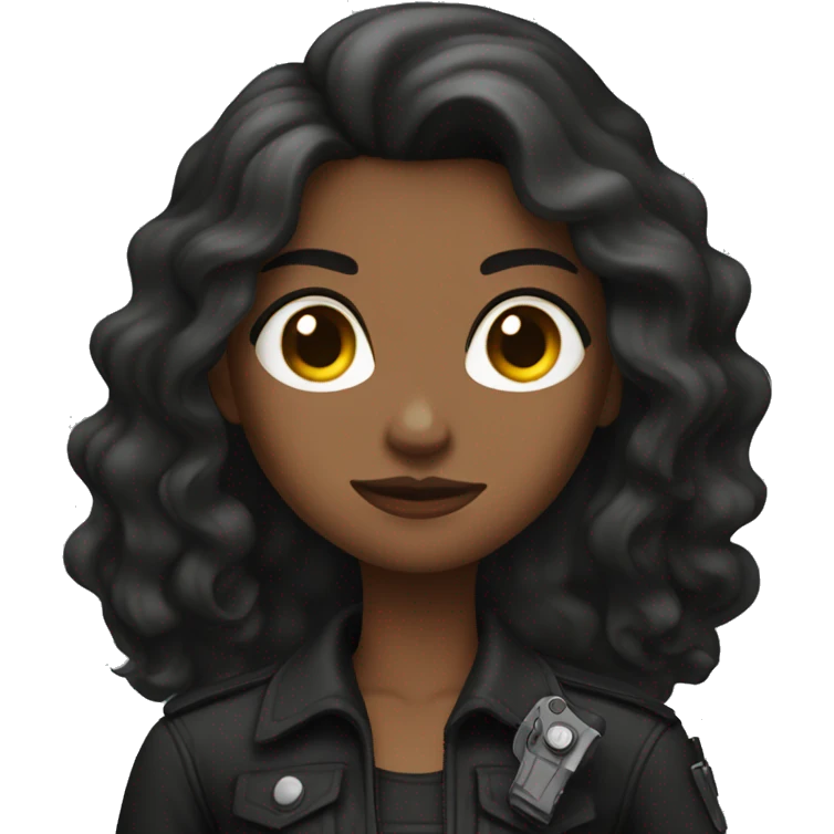 Woman with brown long hair, siren eyes, and a gun, wearing all black emoji