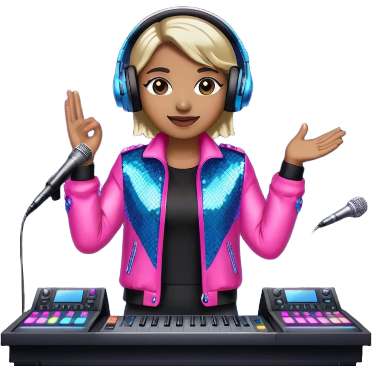 Create a vibrant and modern emoji that represents pop or stage vocal performance. The design should feature a high-quality microphone, a stage monitor, and a sound mixing console to symbolize the professional setup used in pop vocals. Add elements like studio headphones, a soundboard with sliders, and an elegant stage costume (e.g., a flashy jacket or sequined outfit) to reflect the glamorous side of pop performance. Use energetic colors like neon pink, electric blue, and silver to convey the dynamic, high-energy nature of pop and stage singing. The background should be transparent. emoji