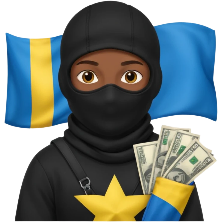создай украинца в черное одежде и черной балаклаве с большим мешком денег на котором есть флаг страны в руках emoji