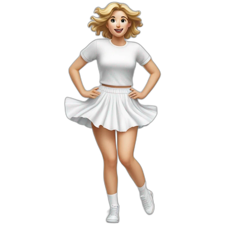 hyperrealistic-full-body-caucasian-curvy-beauty-jumping-small white-skirt-back-and-front-views-strong-wind-white knickers under skirt white socks emoji