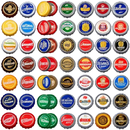 Icon for Beer Cap Collecting: a collection of colorful beer caps from different brands, arranged neatly on a table or in a display case. The icon should reflect the variety and charm of beer cap collecting. Transparent background. emoji