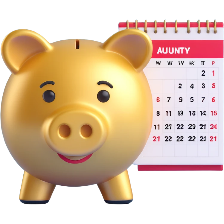 3D gold piggy bank with a calendar page showing a week, representing weekly saving, Microsoft 3D emoji style emoji