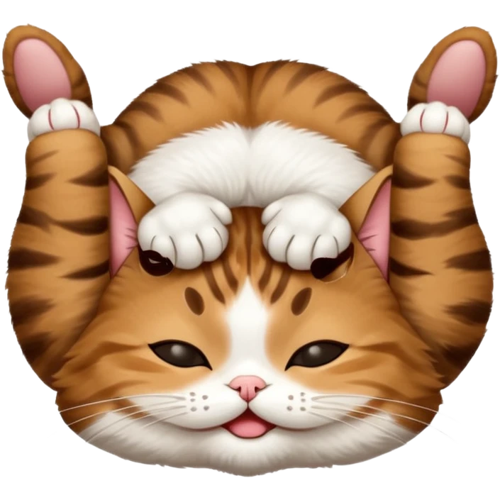dark brown tabby and white small cat in funny positions upside down with eyes closed emoji